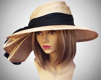 Kentucky Derby hat, Sonya, beautiful straw hat with draped pleating on the side, womens, tan with black silk sash