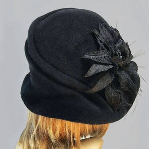 Sophia, Velour Felt Cloche millinery hat with side draped pleats and beautiful silk flowers, color Black image 4