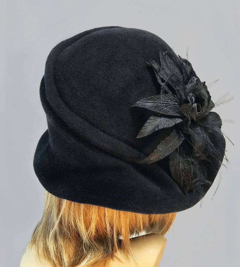 Sophia, Velour Felt Cloche millinery hat with side draped pleats and beautiful silk flowers, color Black image 4