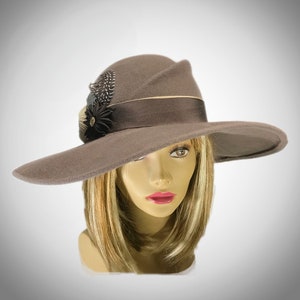 Velour Felt wide brim womens millinery hat, grosgrain flowers and feathers &quot;Kathryn&quot;