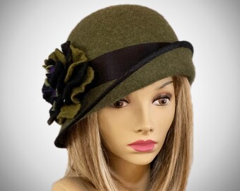 Edith, Fur Felt heathered Cloche, millinery hat, Downton Abbey,  Olive color with hand felted flower