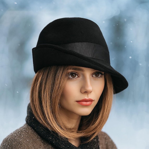 Courtney, Black Felt Cloche Hat for Women – Handmade  display picture 2