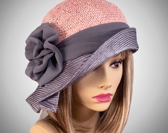 30% OFF SALE...Kentucky Derby, "Fiona", womens straw hat from the Downton Abbey era, silk georgette sash, Millinery straw hat, pink and grey