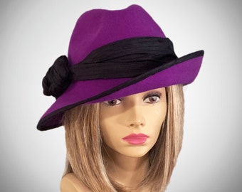 Nora, Fur Felt velour millinery hat,  utraviolet color with silk dupioni embellishment