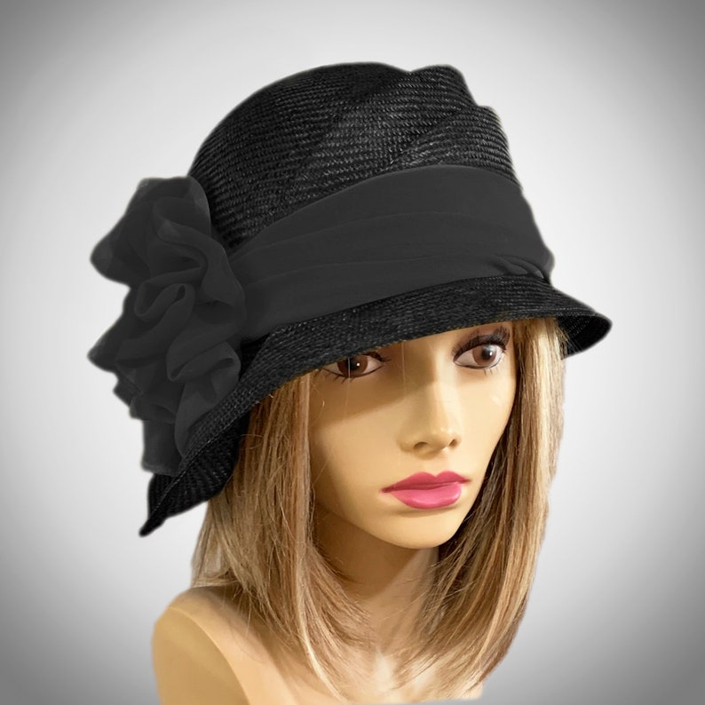 Sophia, straw millinery hat, womens hand made cloche, black straw hat image 1