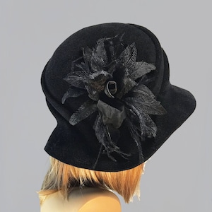 Sophia, Velour Felt Cloche millinery hat with side draped pleats and beautiful silk flowers, color Black image 3