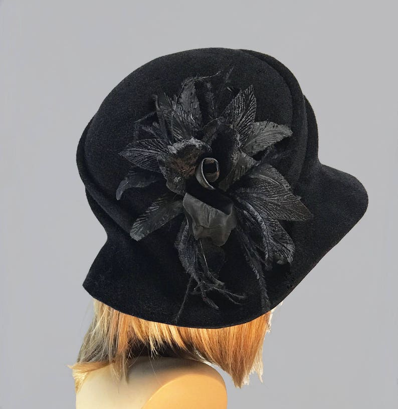 Sophia, Velour Felt Cloche millinery hat with side draped pleats and beautiful silk flowers, color Black image 3