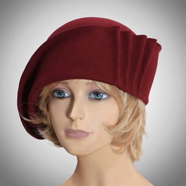 Maddy, Fur Felt Cloche with draped pleats, Maroon colored millinery hat