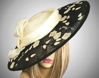 Kentucky Derby Hat, "Ariana"  novelty Sinamay  Cocktail hat, black and white fascinator