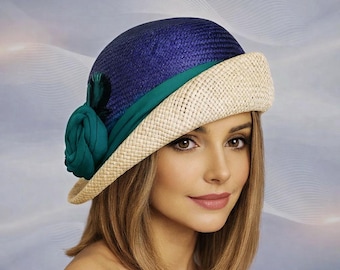 Kentucky Derby Straw Cloche Hat: Downton Abbey Style, Silk Sash & Feathers, "Fiona"