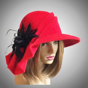 Sonya, Lovely Fur Felt Hat, truly one-of-a-kind, color red with featherd velvet flower