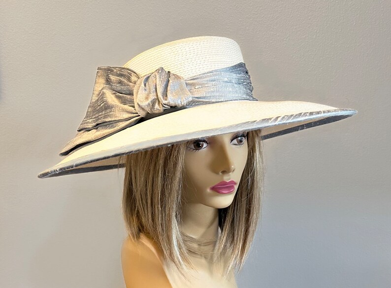 Kentucky Derby millinery hat, Savannah Summer Picture Hat, white and grey straw, with silk dupioni trim. image 5