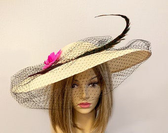 Kentucky Derby hat, Carolyn, beautiful straw hat, women's straw hat with black veiling and hot pink embellishments, perfect the The Oaks