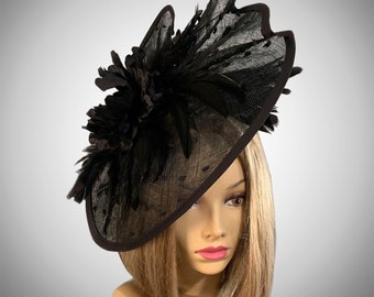 Abigail,  Kentucky Derby hat, Sinamay dot fascinator  summer hat, straw hat, women millinery hat, black with silk flower and feathers