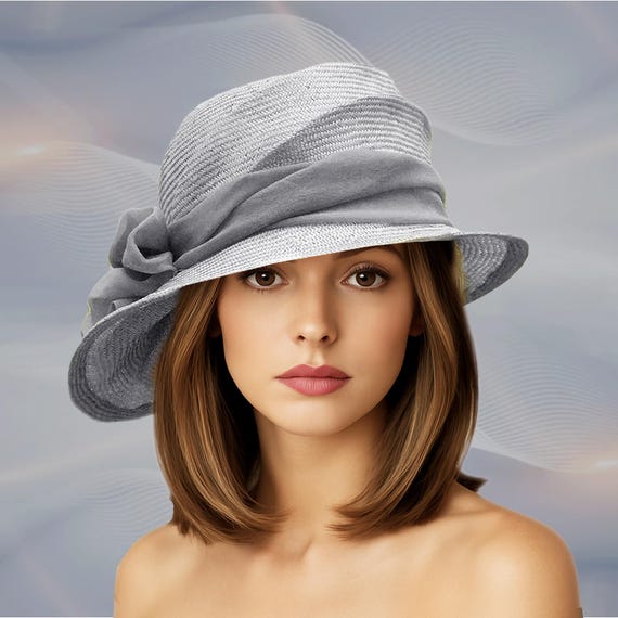 Kentucky Derby Cloche Hat: Light Grey Parasisal Straw With  display picture 3