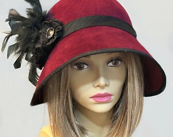 Becky,  Fur Felt Velour Cloche, maroon millinery hat, Downton Abbey era, with ribbon, silk, and feather embellishment