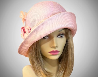 Kentucky Derby Hat,  "Gabby 2" 1920's Flapper Cloche. womens parasisal straw hat in pale pink with silk dupioni and feathers, millinery hat