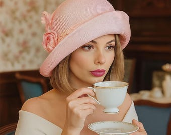 Pink Parasisal Straw Cloche Hat: Handmade Silk & Feather Flapper, "Gabby II"