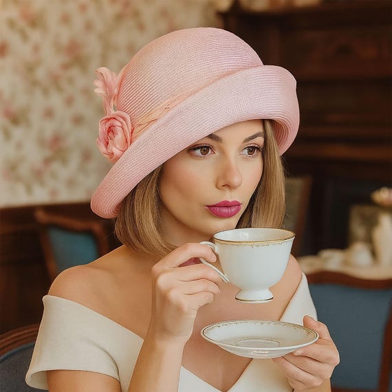 Custom brown pink sisal straw cloche hat Handmade Sisal Straw Cloche Hat: Pink & Cream Downton Abbey  main image 4
