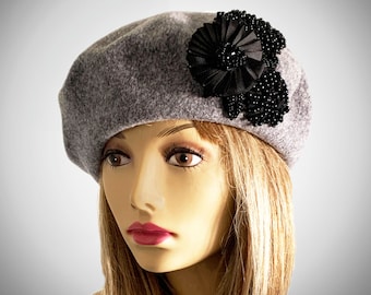 Mia,  Soft Felt Beret millinery hat with silk and beaded embellishment