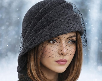 Ava, Velour Felt Cloche with side draped pleats, Black millinery hat with Veil