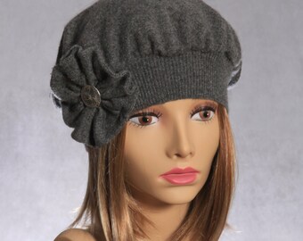 Chloe, 100% pure Cashmere Beret, cashmere hat, color charcoal, dark grey heather