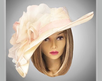 Kentucky Derby hat, "Sylvia", beautiful straw hat with draped pleating on the side, and large pink silk organza flower