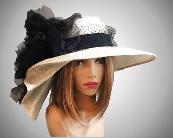 Kentucky Derby hat, "Sonya", beautiful straw hat with draped pleating on the side, and large black flower