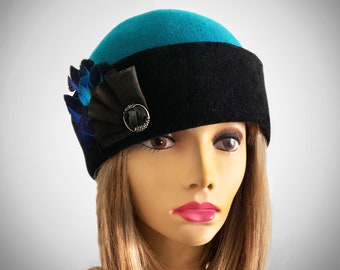 Adrienne, Lovely Fur Felt Velour Hat, Cloche style, 2 tone with feathers