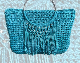 Fringe Handbag, handmade crochet purse, Turquoise color, women's lovely purse with silver beads