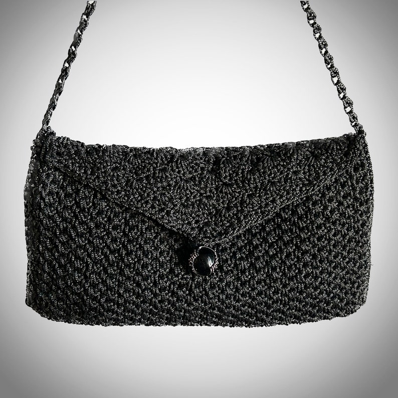 Black Clutch Handbag, handmade crochet purse, black color, shoulder strap purse, women's tote bag image 4
