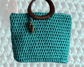 Computer bag, handmade crochet purse, teal color, women's vintage style bag,  beads,