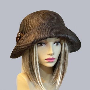 Colette, beautiful straw cloche hat with silk embellishment, womens, Brown straw hat with hat pin