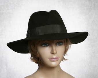 Katy,  Velour Felt wide brim Fedora womens millinery hat,  color olive