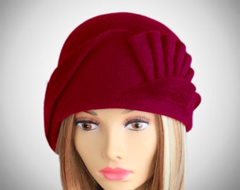 Amber, Velour Felt Cloche with draped pleated swirls, maroon felt millinery hat