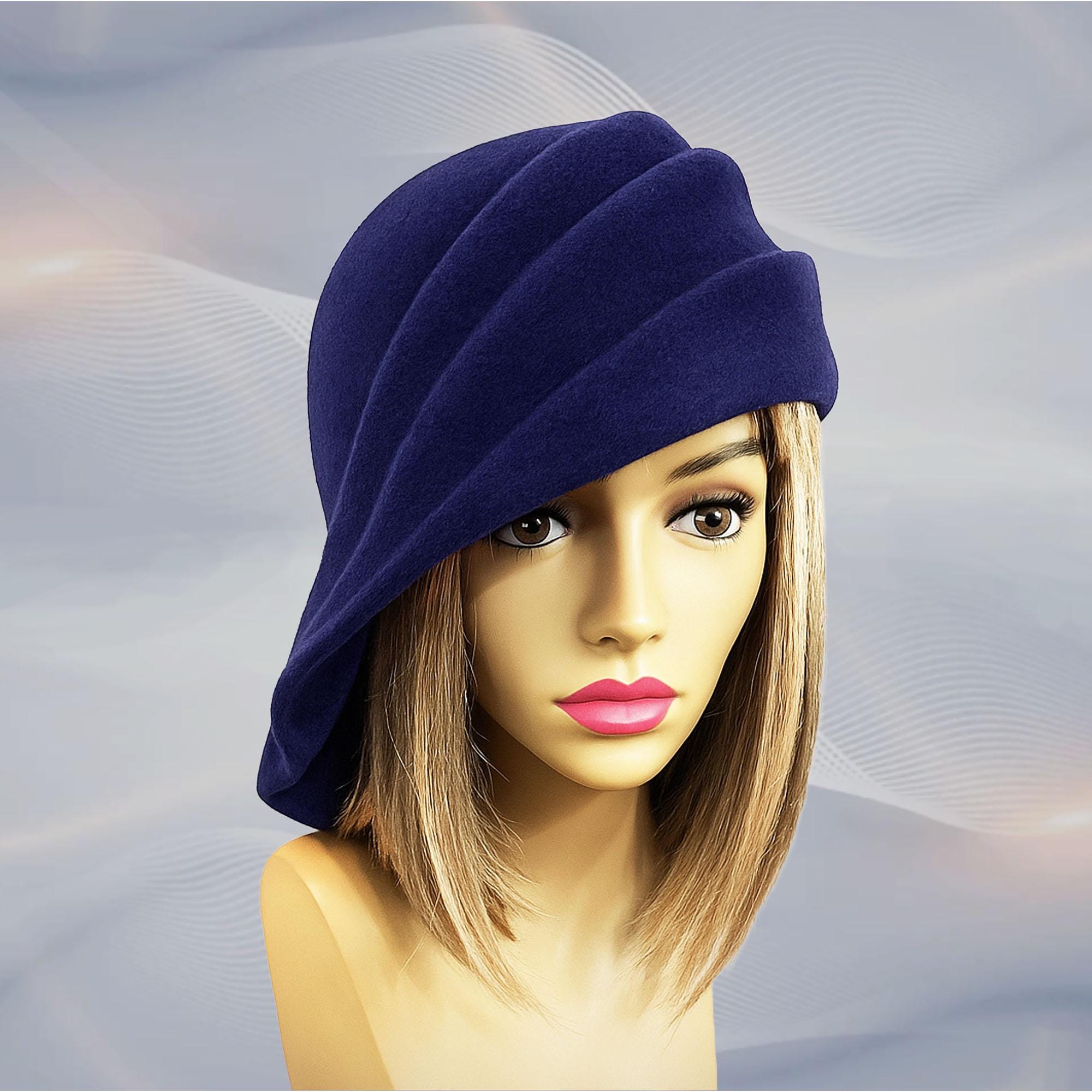 Ava, Velour Felt Cloche With Side Draped Pleats, Navy 