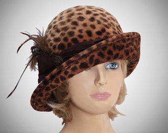 Gemma, Velour Felt Cloche millinery hat in long hair fur, Leopard