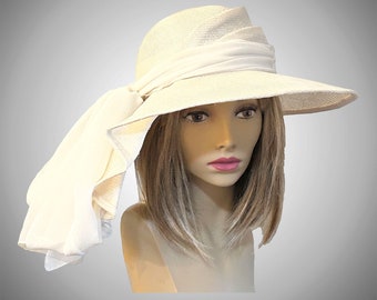 Kentucky Derby hat, "Sonya", beautiful straw hat with draped pleating on the side, womens ivory hat