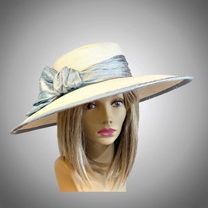 Kentucky Derby millinery hat, Savannah Summer Picture Hat, white and grey straw, with silk dupioni trim. image 1