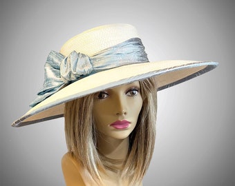 Kentucky Derby millinery hat, "Savannah" Summer Picture Hat, white and grey straw, with silk dupioni trim.