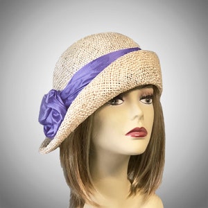 Ann, women straw hat with Iris silk dupioni trim, Downton Abbey era, millinery hat, summer cloche hat