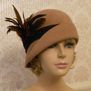 Ashley, Fur Felt Cloche, millinery hat, Downton Abbey era, camel color image 1