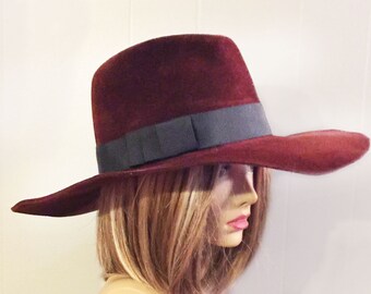 Burgundy Velour Felt Fedora Hat: Wide Brim Millinery  display picture 1