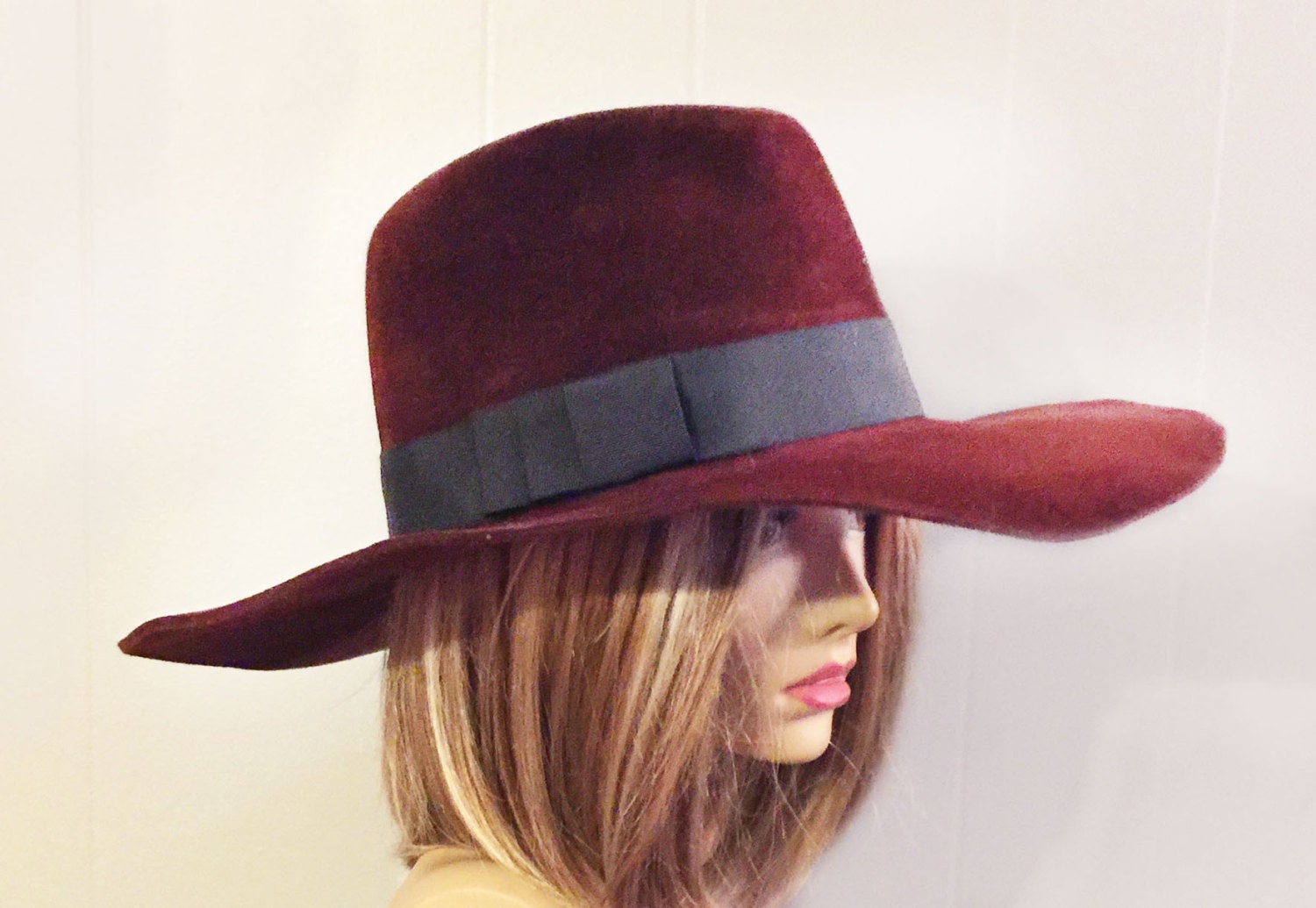 Burgundy Velour Felt Fedora Hat: Wide Brim Millinery 