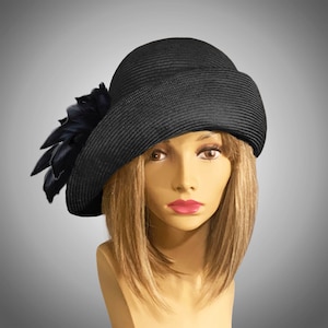 Kentucky Derby Hat,  "Gabby" 1920's Flapper Cloche. womens parasisal straw hat in black with feathers, millinery hat