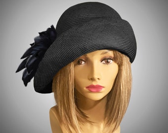 Kentucky Derby Hat,  "Gabby" 1920's Flapper Cloche. womens parasisal straw hat in black with feathers, millinery hat