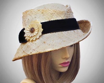 Gina, beautiful straw fedora with black grosgrain ribbon trim and knotted sisal straw