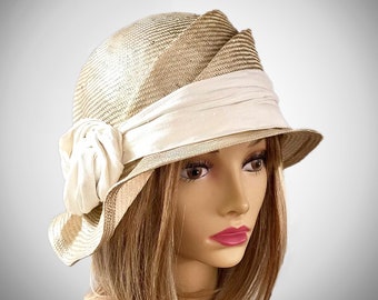 Sophia, Kentucky Derby hat, beautiful paradisal straw cloche hat with a french knot in Silk Dupioni, women summer millinery hat