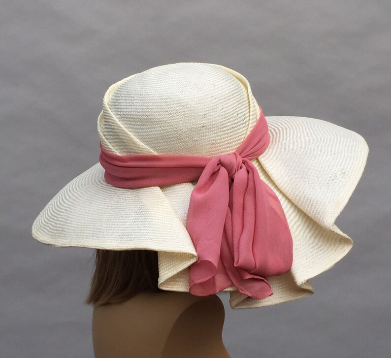 Kentucky Derby hat, Sonya, beautiful straw hat with draped pleating on the side, women, cream with silk sash image 2