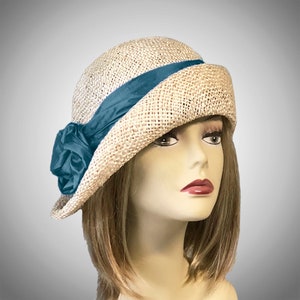 Ann, women's straw cloche hat with Teal silk dupioni trim, Downton Abbey era, millinery hat, summer cloche hat